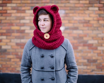 Hooded bear cowl, Mama bear, Crochet hood with ears - Pick your color!