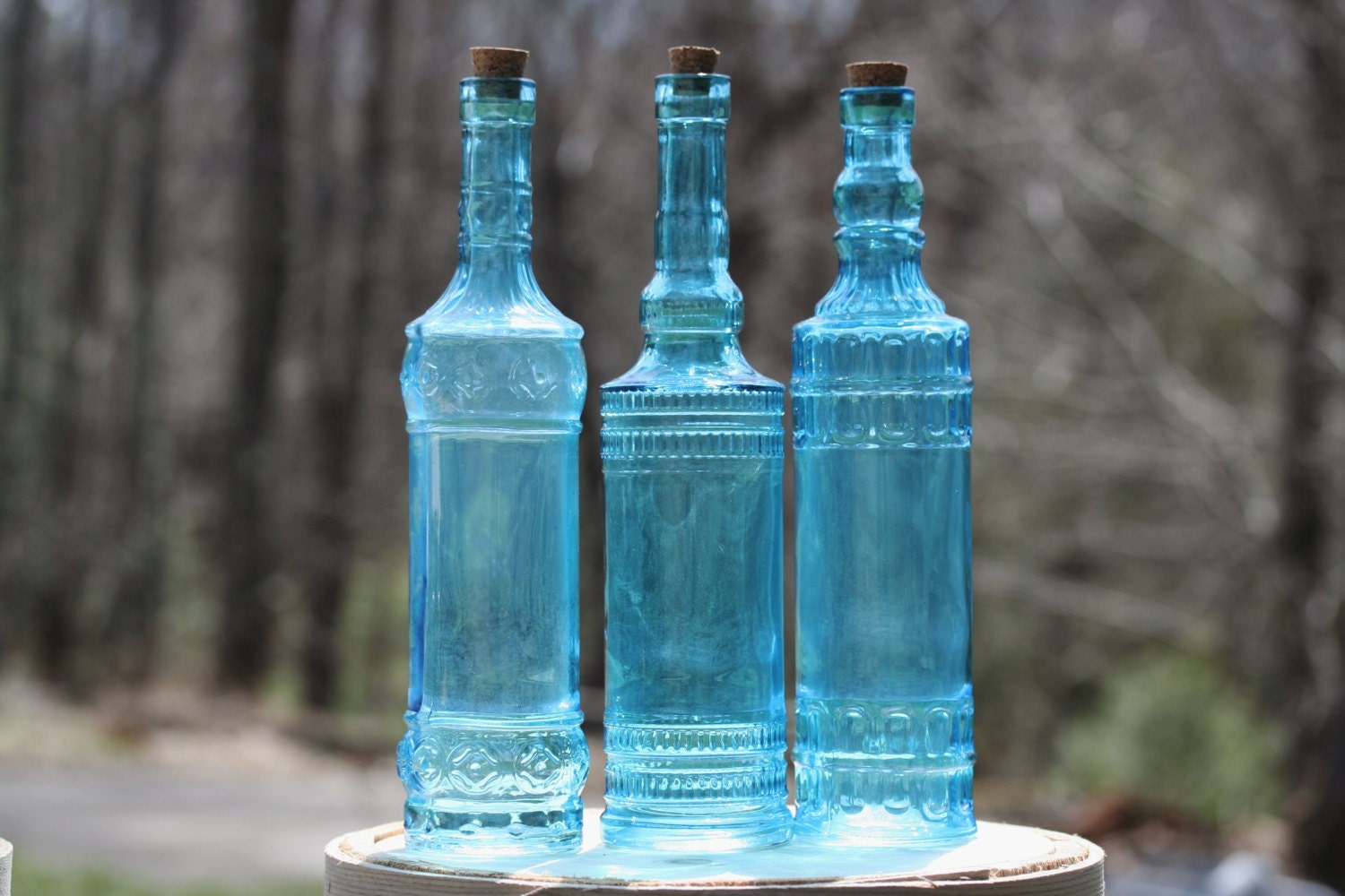 3 Blue Glass Bottles 12 In. Tall Bottle by FestivalReGlass on Etsy