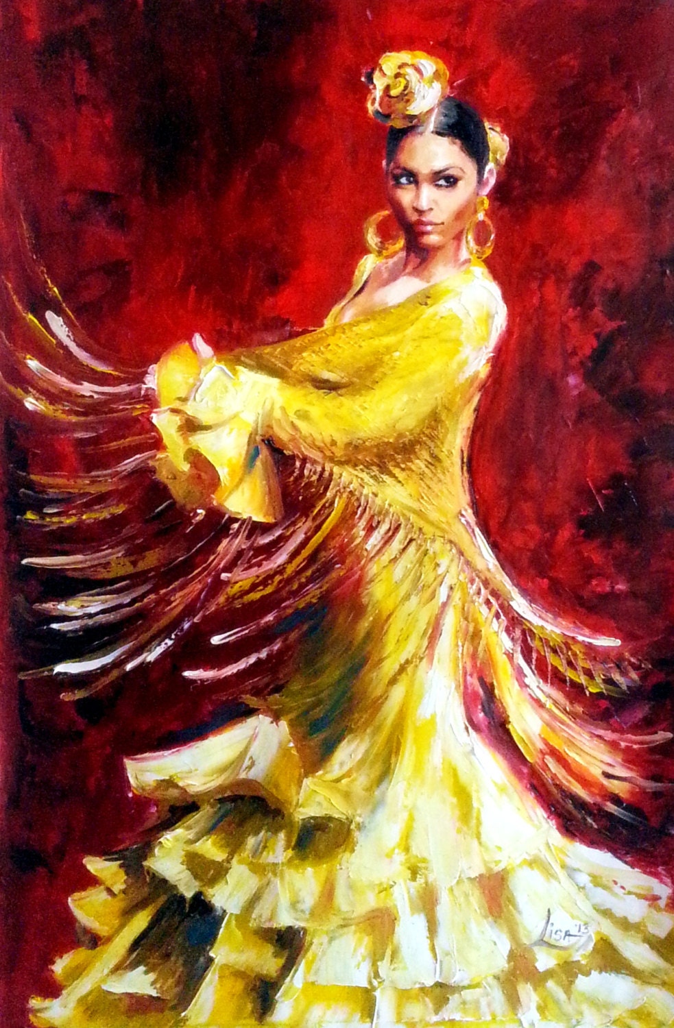 Pintura al óleo Flamenco original bailarina vestido amarillo
