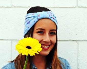 Turban headband. Light blue. Tiny floral print. Yoga wear. Turban style. Floral head band. Dreadlock accessory. Stretchy bandana. Work out. - il_340x270.601535974_9xrq