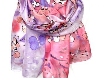 Hand Painted Scarf. Pink Silk Scarf. Almond Tree Scarf. Anniversary Birthday Gift for Her. Genuine Silk Art. 18x71in (45x180cm) Ready2Ship