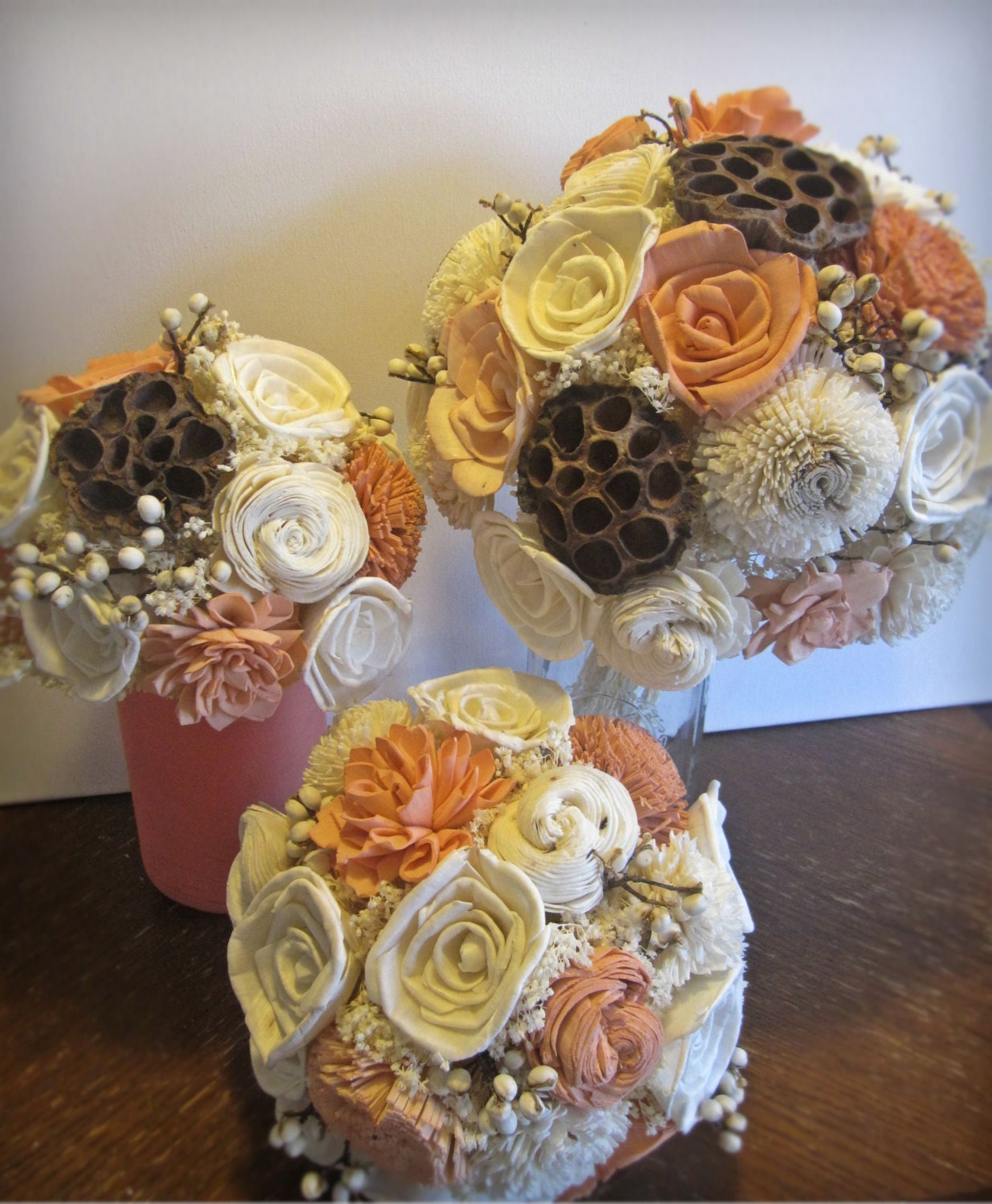 Bridesmaid Bouquet Toss or Flower Girl Custom Made Peach Mint Dried Flowers Sola Flowers Shabby Chic Wedding