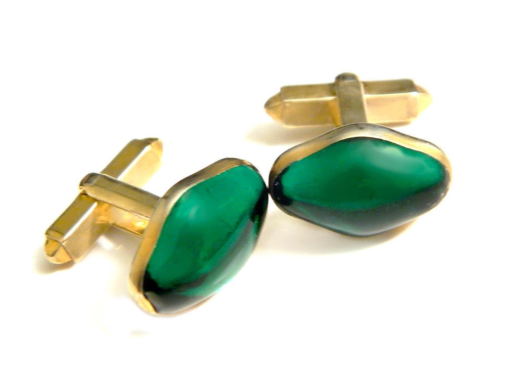 Mens Cufflinks 10K Gold Green Glass Vintage 1940s Jewelry