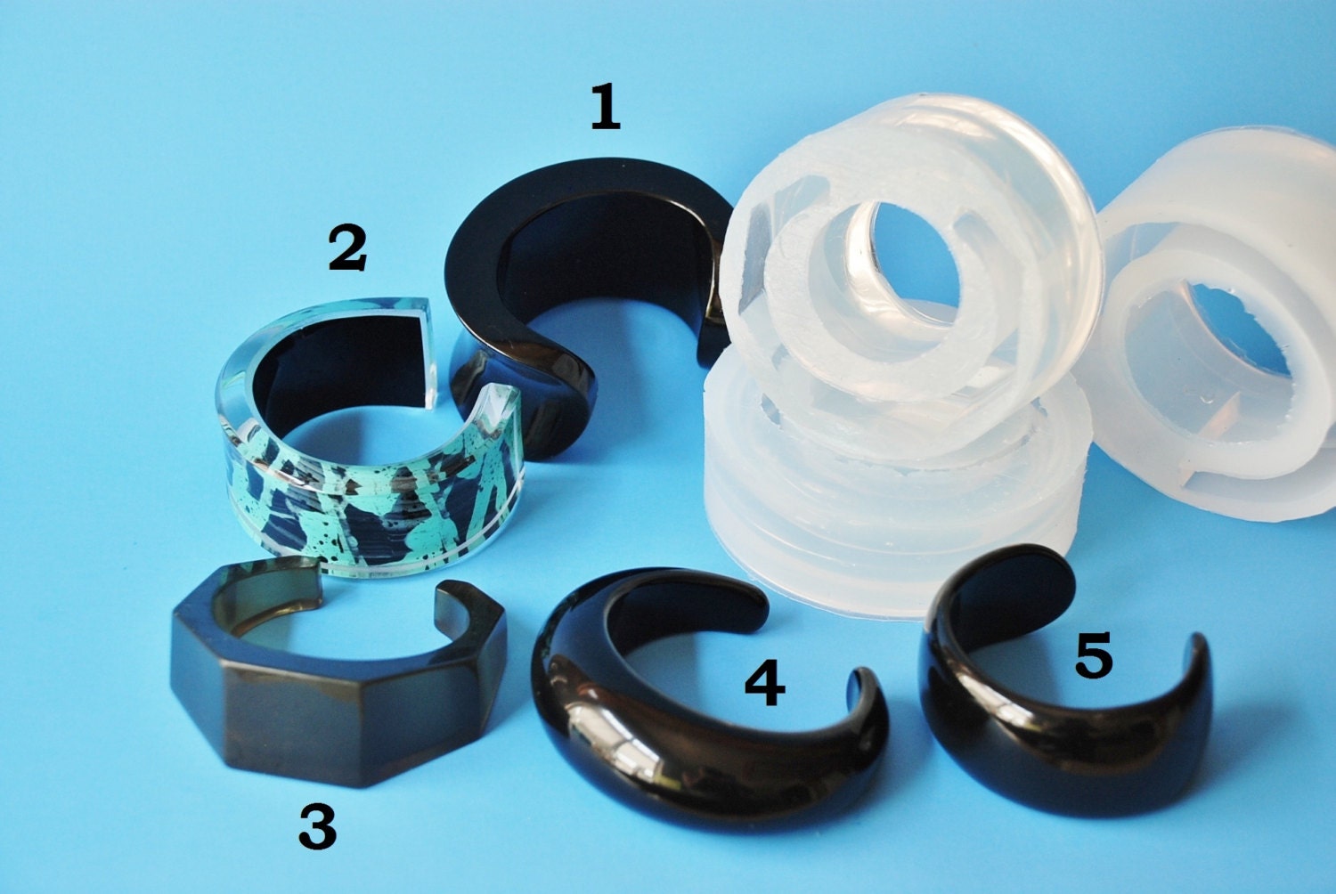 Thick deep cuff bracelet molds. Clear silicone rubber molds.