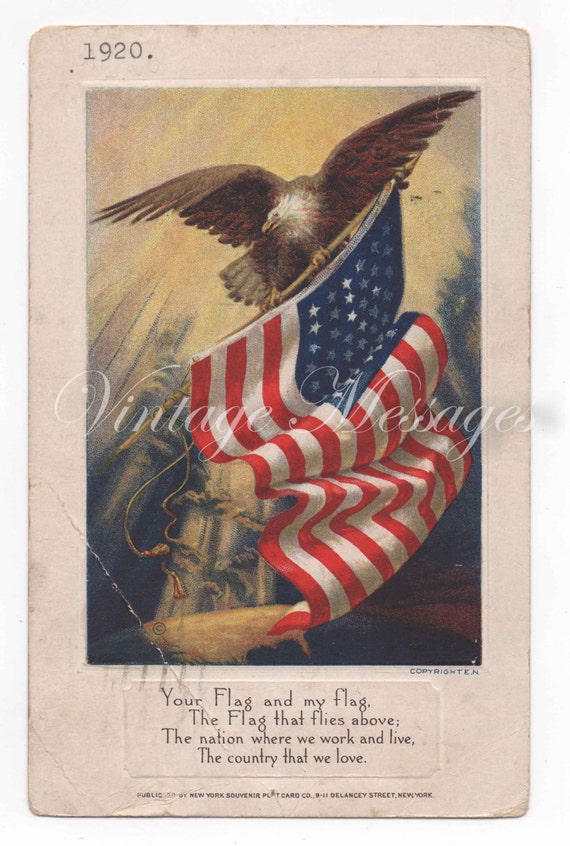 Vintage patriotic American postcard flag and eagle sent to