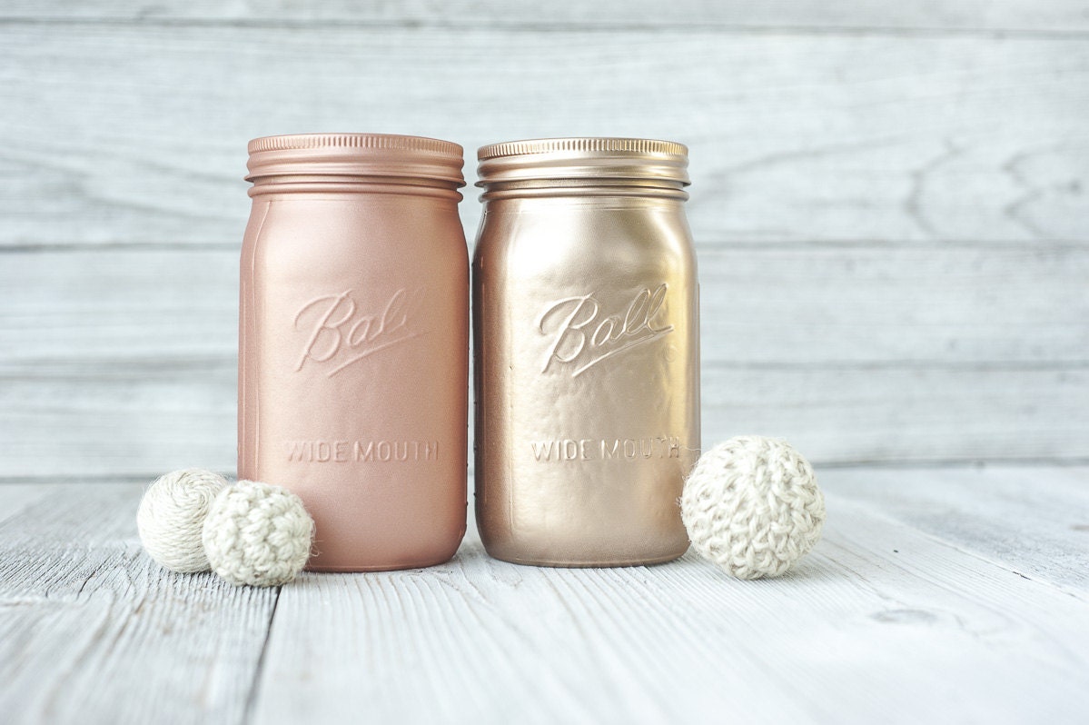 Rose gold wedding, mason jars. Ball widemouth quarts. Blush gold. Etsy finds