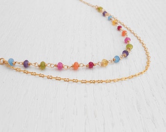 Gold jade necklace, Gold double strand necklace, Jade bead necklace