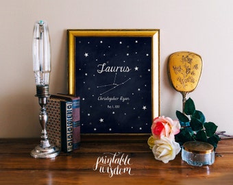 Nursery Zodiac Astrology art printable, personalized name nursery decor print, custom, digital typography stars astrological sign