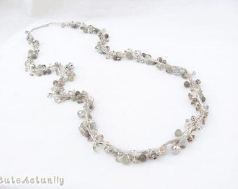 Silver gray stone necklace with crystal on silk thread, gray necklace, long necklace, silver, black