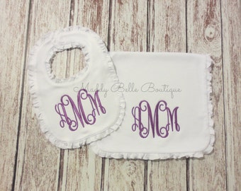 Monogram Ruffle Bib and Burp Cloth Set - Baby Ruffle Bib, Baby Ruffle Burp Cloth, Baby Girls, Monogram Bib, Monogram Burp Cloth