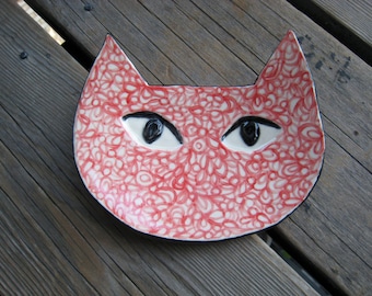Ceramic Cat Plate MADE TO ORDER - Ceramics and Pottery - Jewelry Tray - Retro Psychedelic - Art Deco Cat - Handmade Pottery - Cat Decor