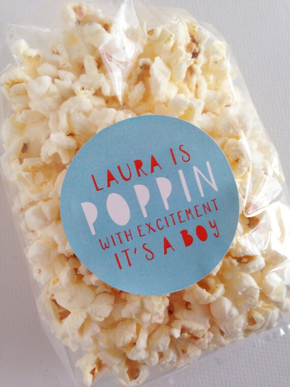 Baby Boy Favor Sticker Baby Shower Popcorn Labels by InvitedToo