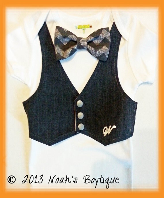 Baby Boy Monogram Clothes Vest - Grey Gray Chevron Bow Tie - Cool Baby Boy Clothes - Infant Vest Bow Tie - Tux - Unique Baby Boy Gifts by NoahsBoytiques