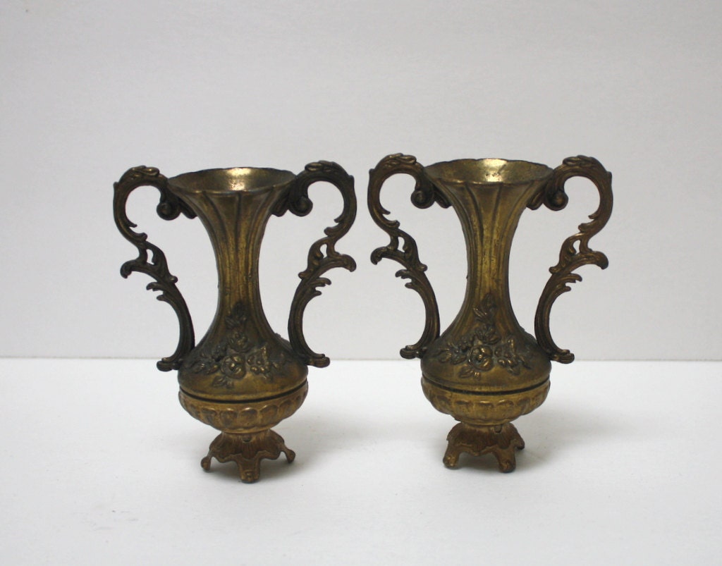 Vintage Set of Two Small Ornate Brass Vases made in Italy.