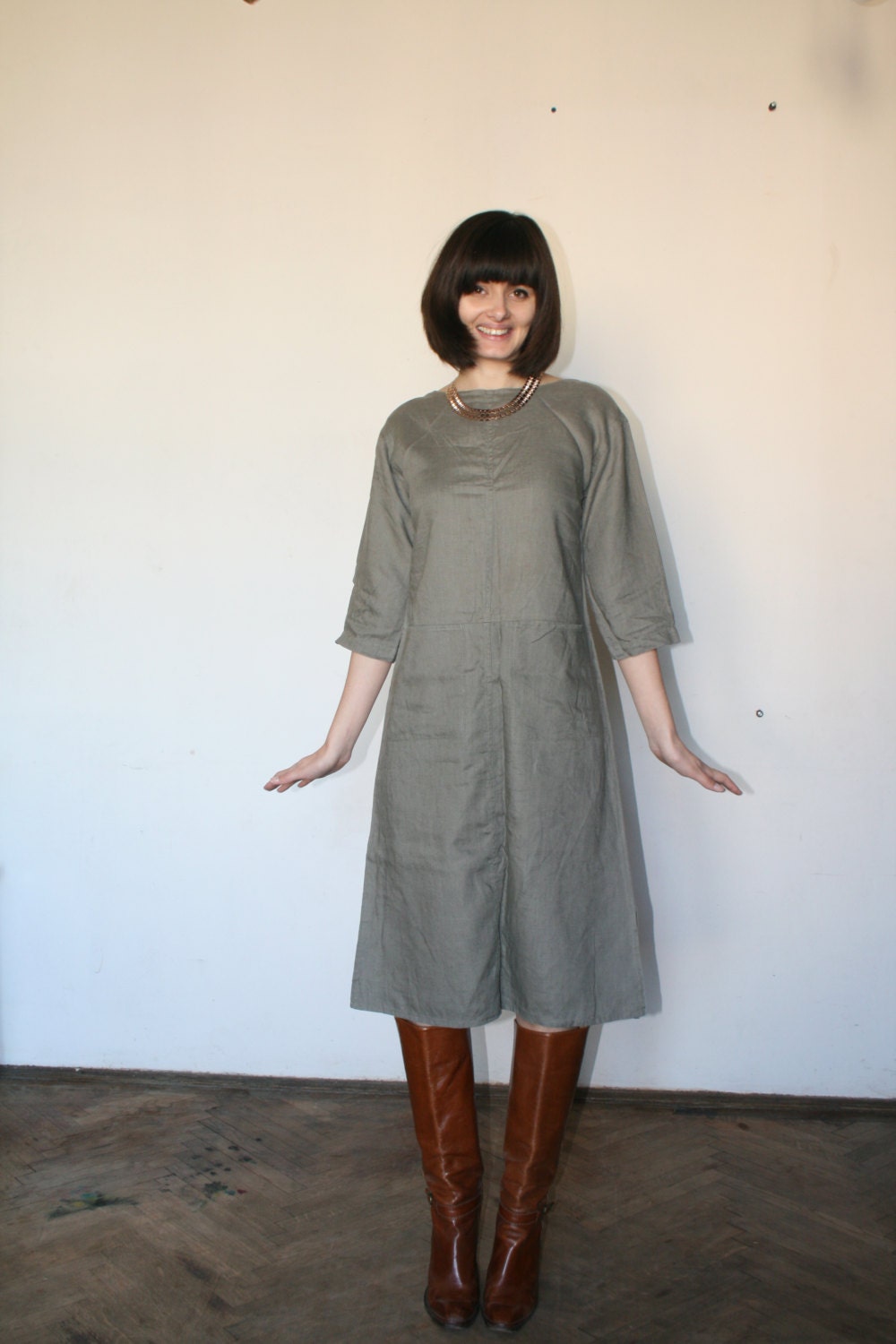 Linen sage green dress Pale green Midi dress by selenefashion