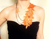 large orange lace necklace - floral bib hand dyed - bohemian steampunk vintage art deco - jewelry gift