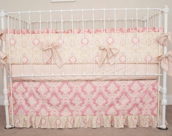 Vintage Floral Rose Pink and Ivory Baby Girl Crib Cot Bedding
