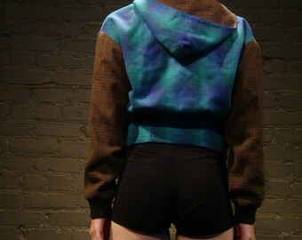 grunge bomber jacket 90s vintage plaid flannel wool zip fall winter jacket Small S women junior blue brown seattle hoodie coat outerwear