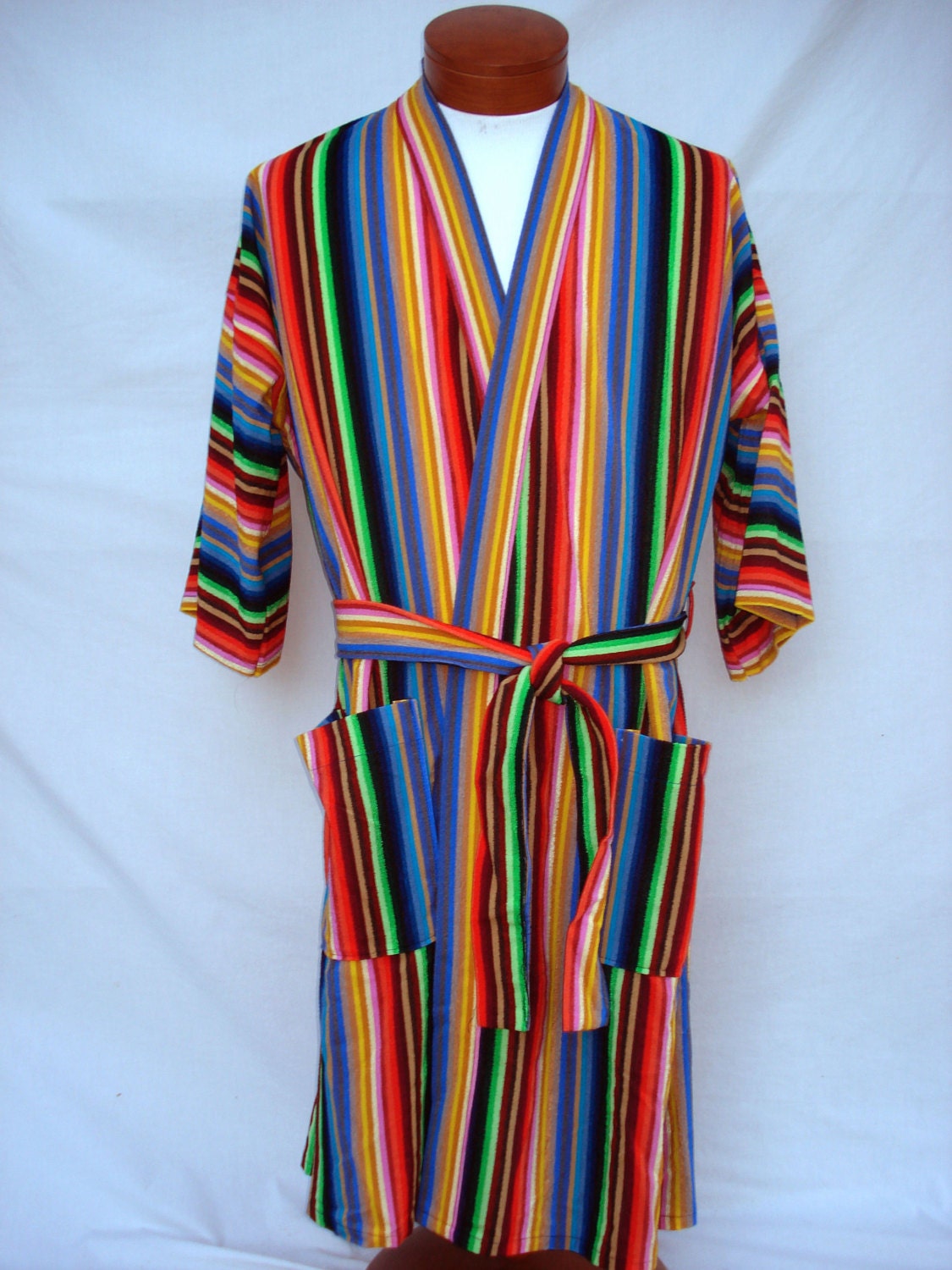 Vintage Mens Kabuki Coat Rainbow Striped Bath Robe Textured