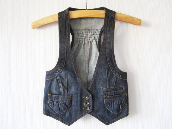 Navy Blue Denim Vest Fitted Jeans Waistcoat Metal Buttons