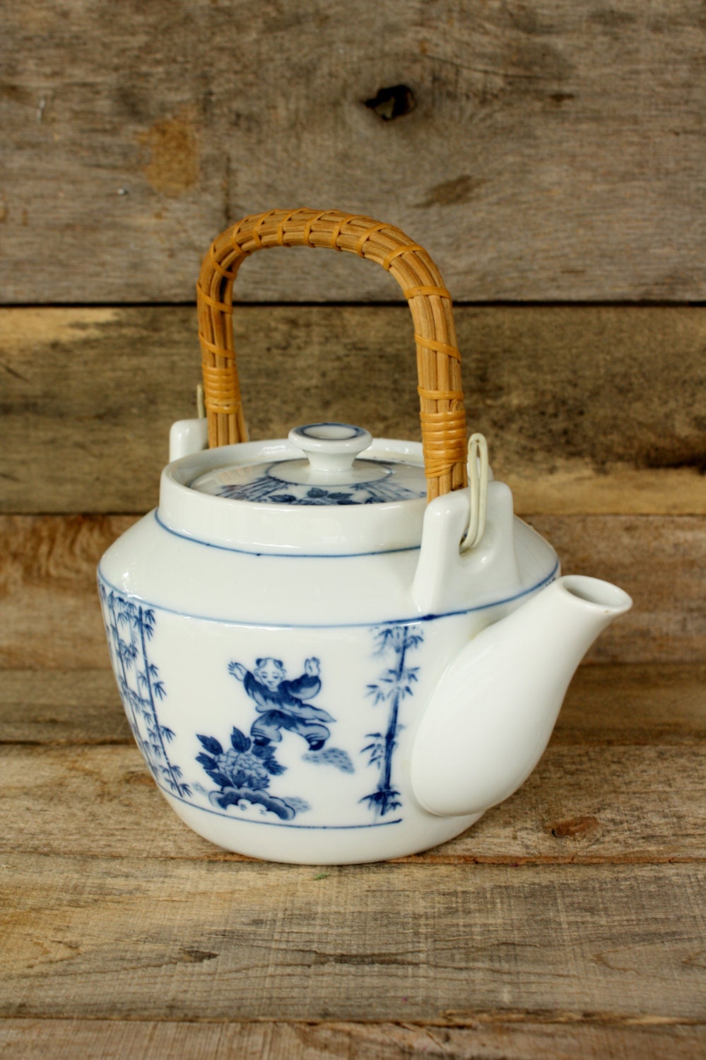 Vintage Blue & White Asian Teapot with Wicker Handle