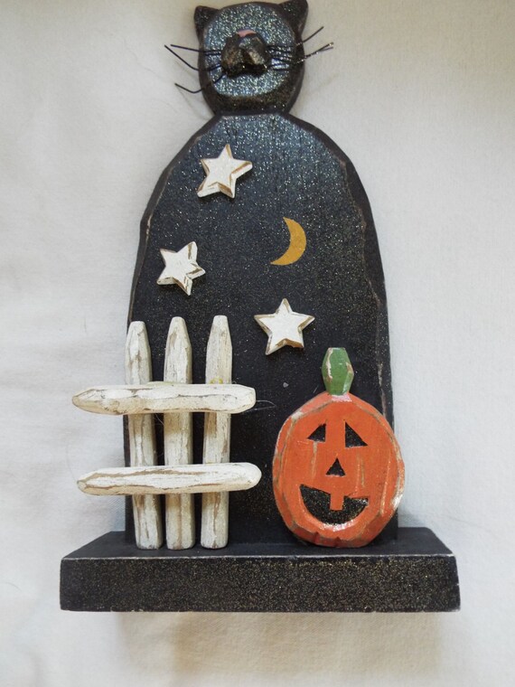 wooden Halloween Cat pumpkin folk art figurine