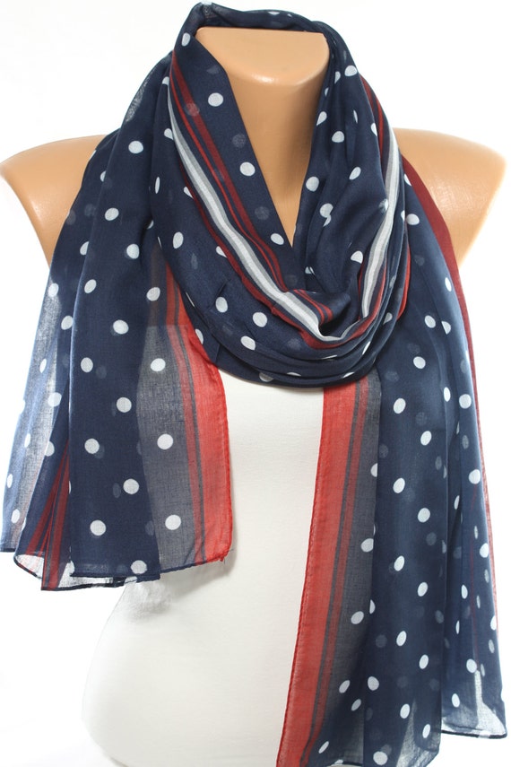 Womens scarves navy with white polka dots