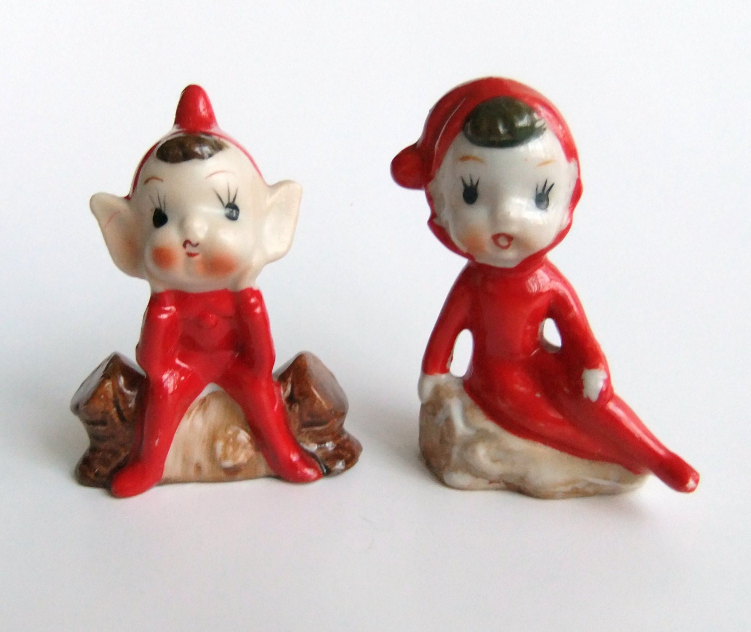Vintage Pixie Elf Figurines Red Boy and Girl Japan Pixie
