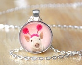 Pink Pig Necklace, Peeking Pig, Piglet, Funny Piggy, Photo Charm, Jewelry