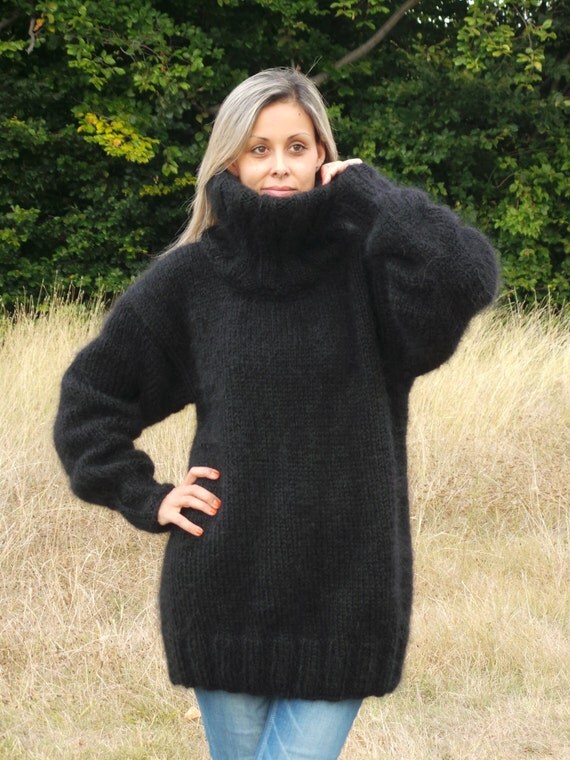 Hand Knit Mohair Sweater Black Fuzzy Turtleneck Jumper