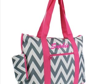Nurse Bag Chevron Grey and Pink Teacher Scrapbooking Bag Weekender Tote Diaper Bag Sorority Gift Sister Personalized Custom Monogram