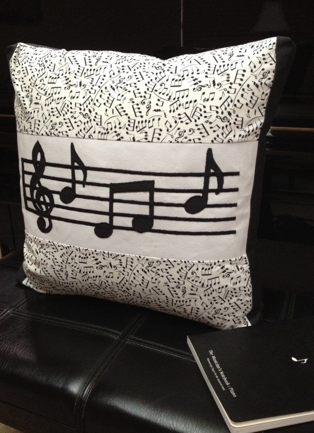 Music Note Pillow Black and White Machine by ParkVintageVillage