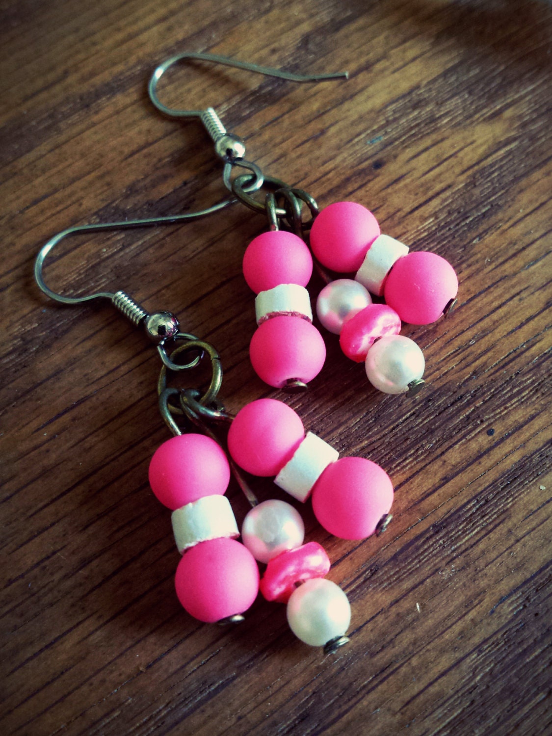 ON SALE Pink and Pearl Earrings Hot/Neon Pink Faux by AgAuCu
