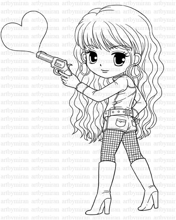 Digi Stamp-Love Shot, Pretty Girl Coloring page, Heart Digital Stamp, Printable Line art for Card and Craft Supply, Art by Mi Ran Jung