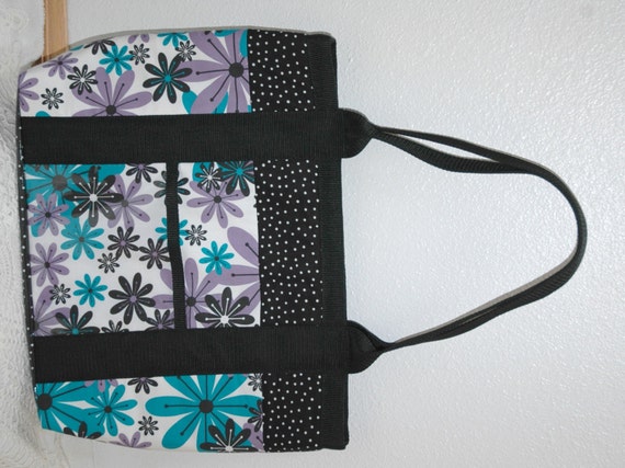 Teal Black Purple Groovy Flower Fabric Handmade handbag, tote or ...