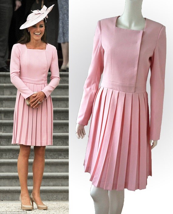 Items similar to Pink pleated dress with long sleeves inspired by Duchess Kate Middleton on Etsy