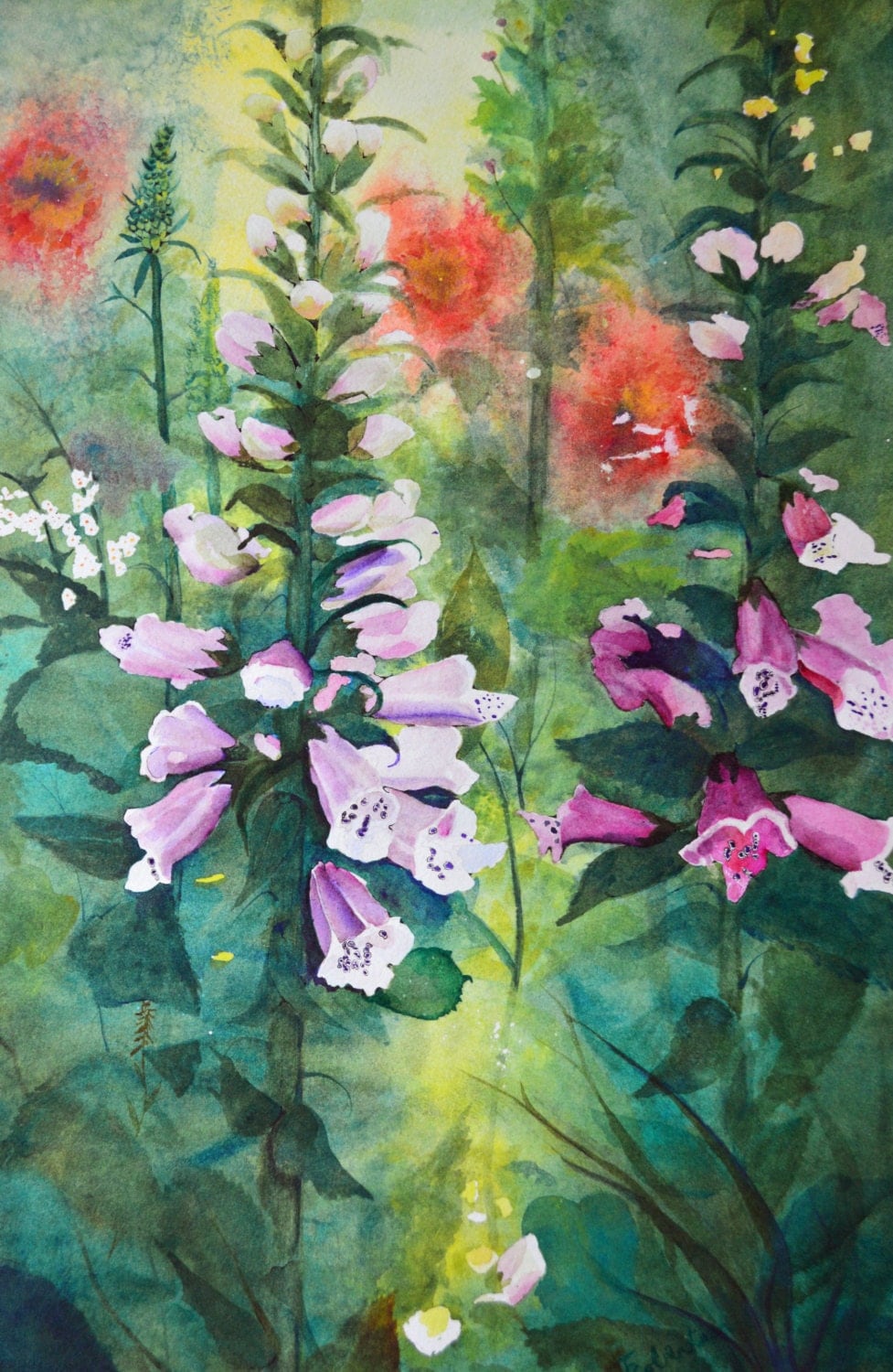 Large framed floral watercolor painting foxglove fine art