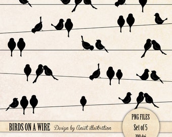 Birds on a wire clipart  - Set of 5 - Birds clip art - Spring birds - birds clipart - PNG files - Instant download