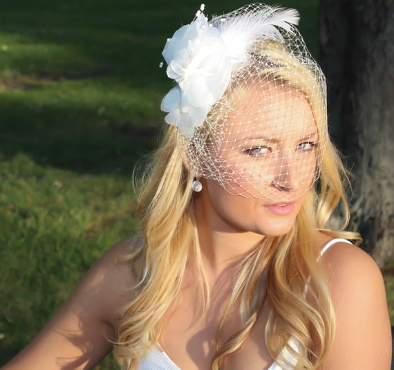 1920s 2-Way Bird Cage Veil with Floral Feather Headdress