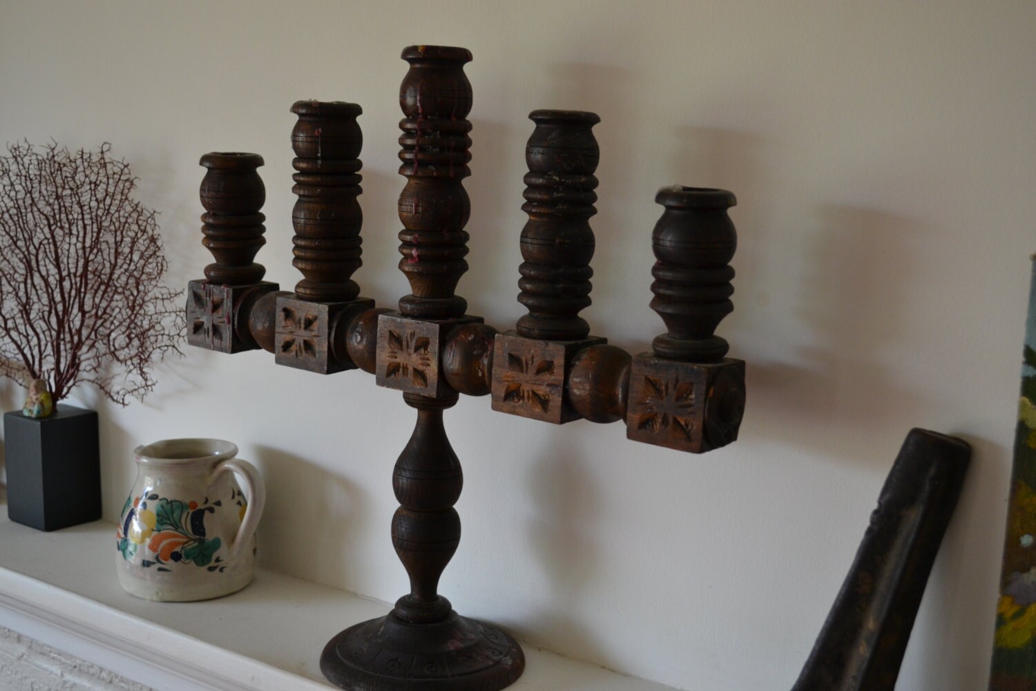 Carved Wooden Candelabra Large Wood Candle Holder Antique
