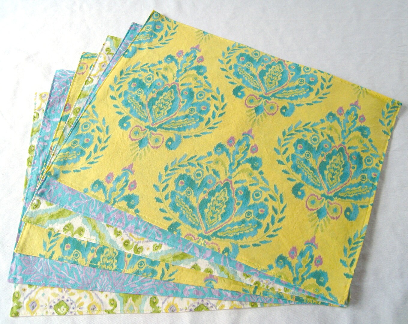Large Cloth Placemats Set of 6 Yellow Blue Green Ikat