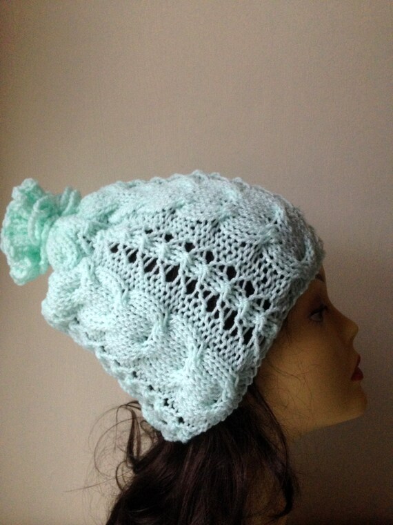 Mint Green Hand Knitted Hat, Slouchy beanie hat, slouchy mint green cableknit hat, hand knit women men hat, chunky slouchy knitted hat