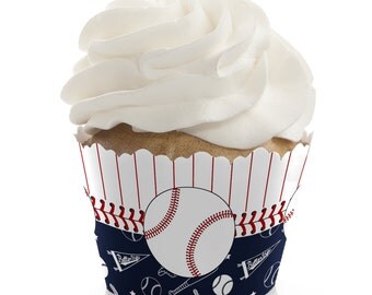 Batter Up! Baseball Cupcake Wrappers - Baby Shower Cupcake Decorations - Birthday Party Cupcake Supplies - Set of 12 Cupcake Liners