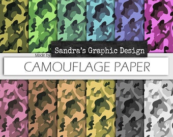 Camouflage digital paper: "CAMOUFLAGE PAPER" with happy colored camouflage backgrounds for card making, scrapbooking (137).