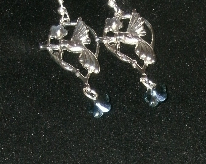Hummingbird handmade earrings, gifts, Silver Hummingbird and decorative floral Earrings with Swarovski Crystal Blue AB Flower Shape bead