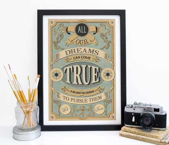 Walt Disney Quote Print Poster - Dreams Can Come True Courage To Pursue - Motivational Wall Decor - Housewarming Gift - Mint & Cream
