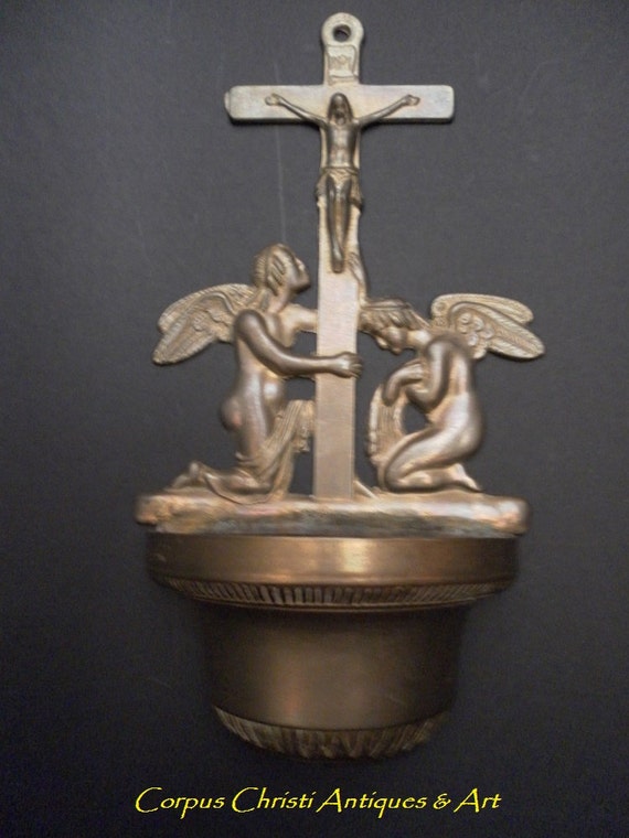Vintage Brass Holy Water Font crucifix by CorpusChristiAntique