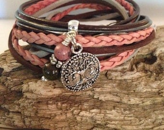 Boho Leather Wrap Bracelet, Leather Bracelet, Charm Bracelet, Personalized, CUSTOM, Zen, 3X Leather Suede, Brown, Pink,