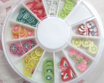 Assorted Polymer Clay Fruit Slices, Nail Art Wheel, Over 120 pieces