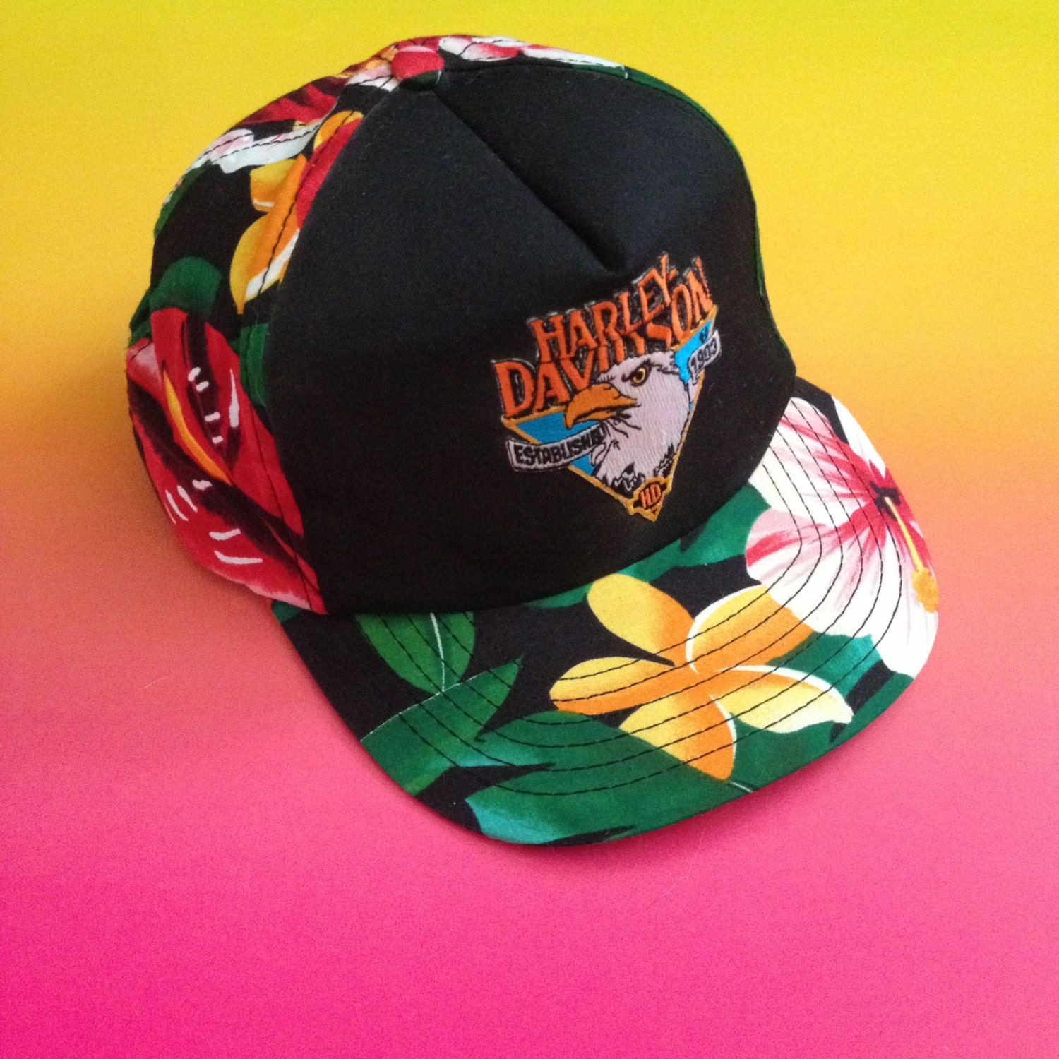 1990s Harley Davidson snapback hat / tropical floral print